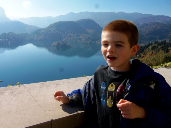 This is the view from the castle on the cliffs above Lake Bled.